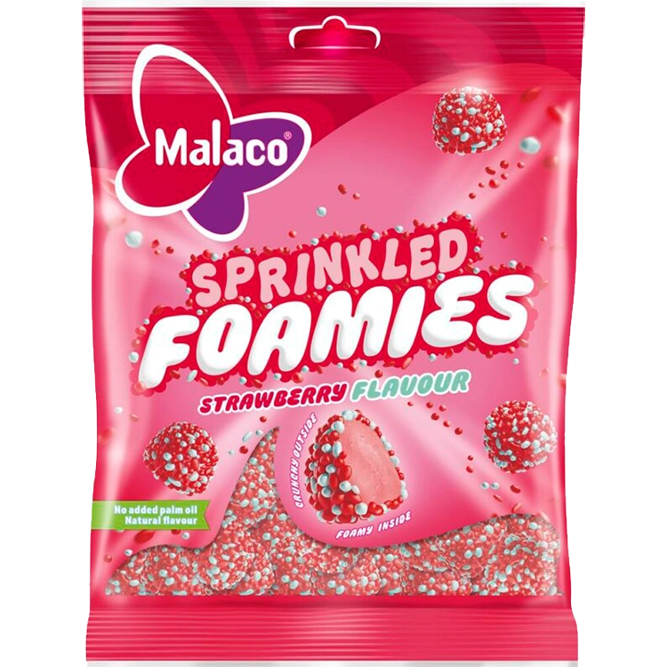 A package of Malaco Sprinkled Foamies Strawberry Flavour foam candies in a bright pink bag with the Malaco logo and product name clearly visible.