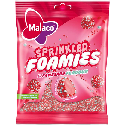 A package of Malaco Sprinkled Foamies Strawberry Flavour foam candies in a bright pink bag with the Malaco logo and product name clearly visible.