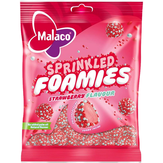 A package of Malaco Sprinkled Foamies Strawberry Flavour foam candies in a bright pink bag with the Malaco logo and product name clearly visible.
