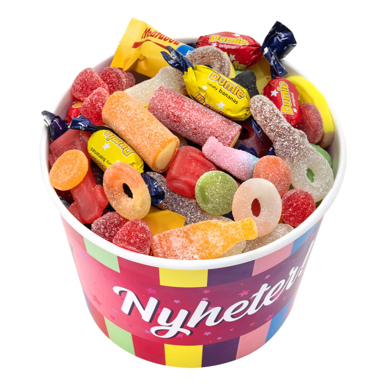 A colorful bucket filled with assorted Swedish candy, including gummies, licorice, and chocolate treats.