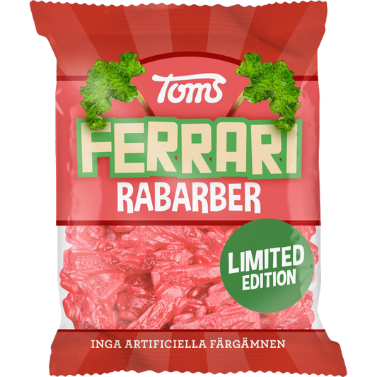 Toms Ferrari Rabarber 120g – a bag of Swedish candy featuring rhubarb-flavored, chewy Ferrari-shaped gummies.