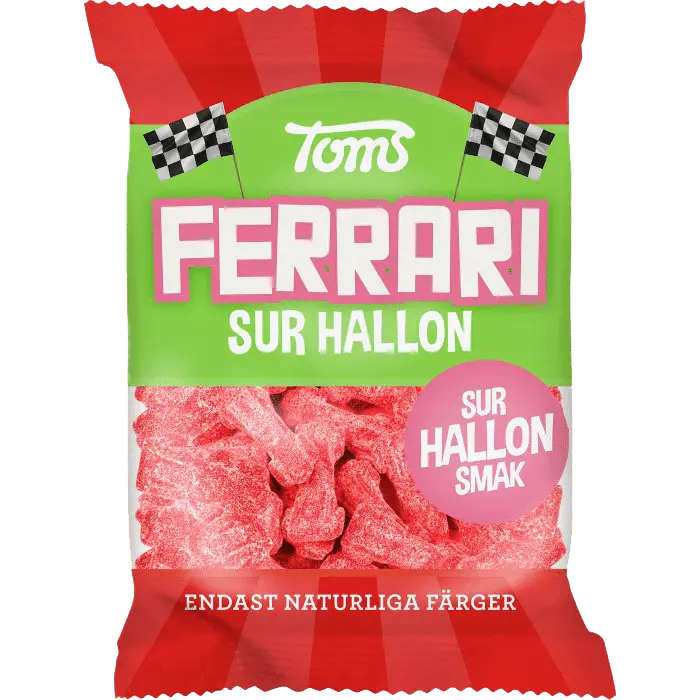 Toms Ferrari Raspberry Sour – Swedish candy featuring chewy car-shaped gummies with a bold, tangy raspberry flavor.