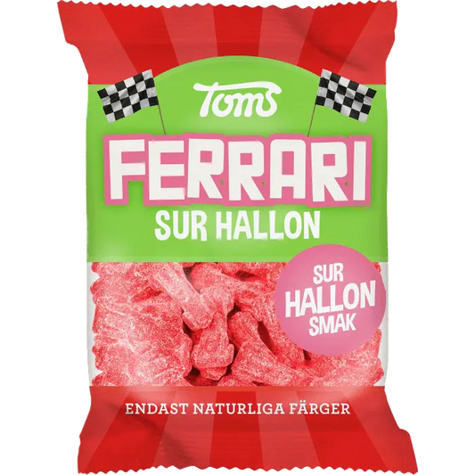 Toms Ferrari Raspberry Sour – Swedish candy featuring chewy car-shaped gummies with a bold, tangy raspberry flavor.