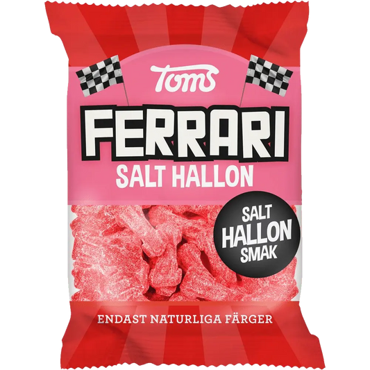 Ferrari Salt Hallon – chewy Swedish candy with salty raspberry-flavored gummy cars.