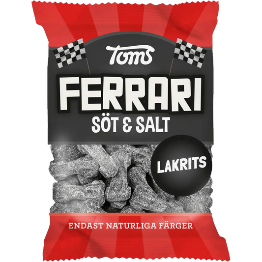 Toms Ferrari Söt Salt – Swedish candy featuring car-shaped gummies with a blend of sweet and salty flavors.