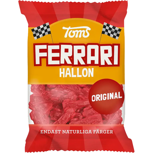 Toms Ferrari Raspberry gummies, featuring fruity raspberry flavor in iconic car shapes.