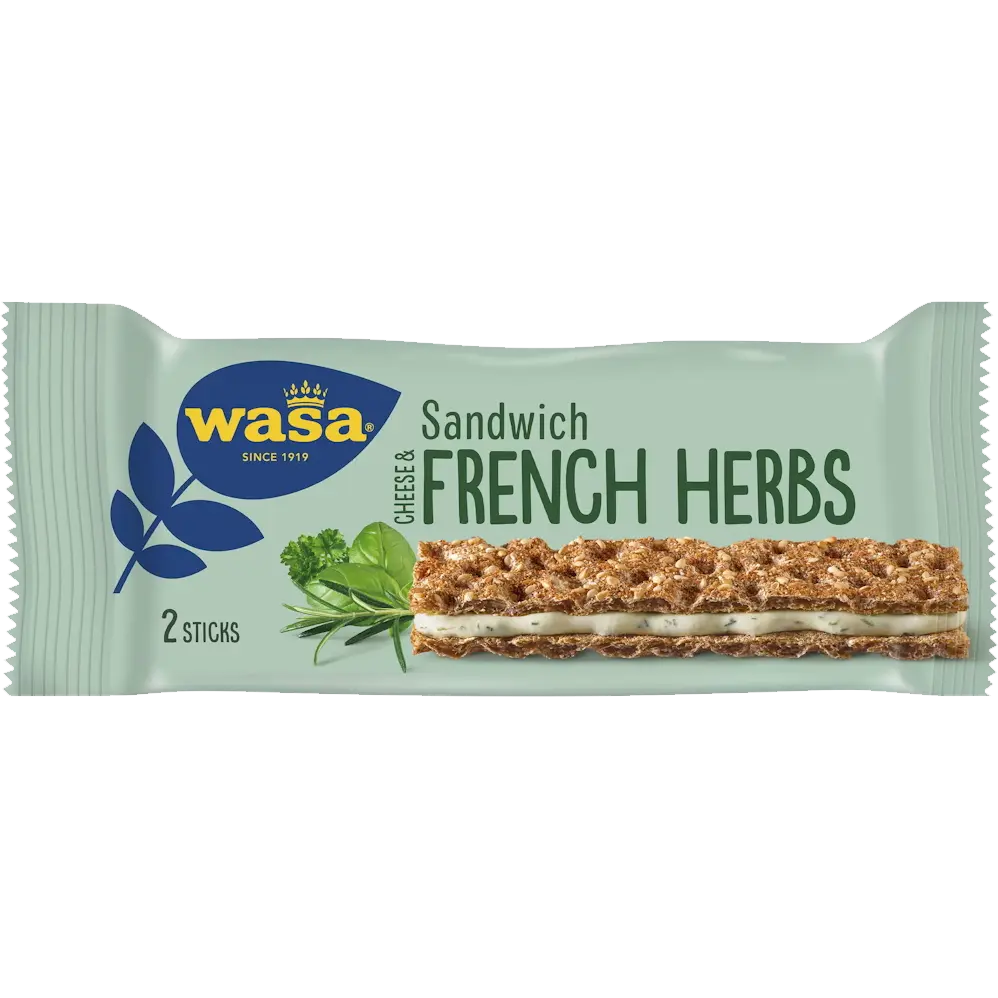 Wasa Sandwich Cheese French Herbs – crunchy Swedish crispbread with a creamy cheese filling infused with aromatic French herbs.