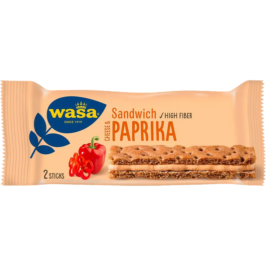 Wasa Sandwich Cheese Paprika – a Swedish crispbread snack filled with creamy cheese and sweet paprika flavors.