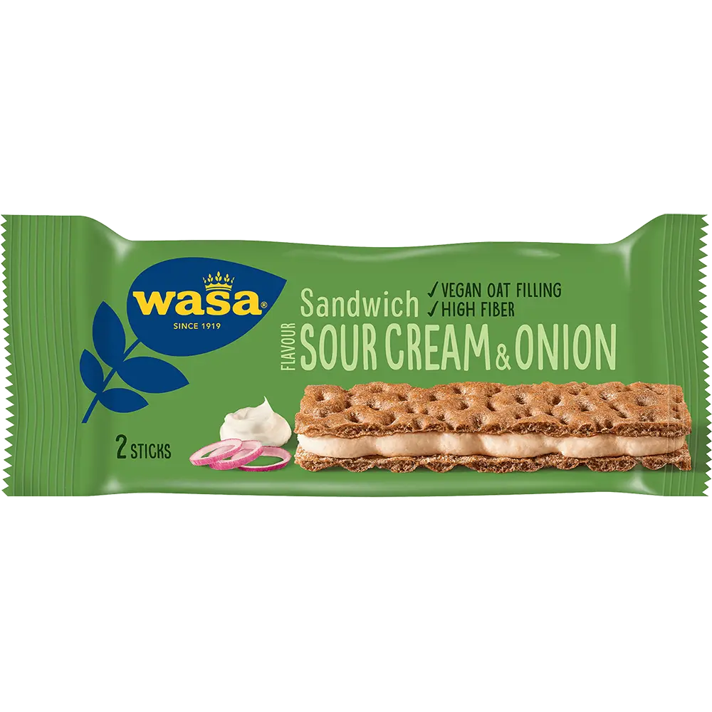 Wasa Sandwich Sourcream Onion – crispy Swedish crispbread filled with creamy sour cream and zesty onion flavors.