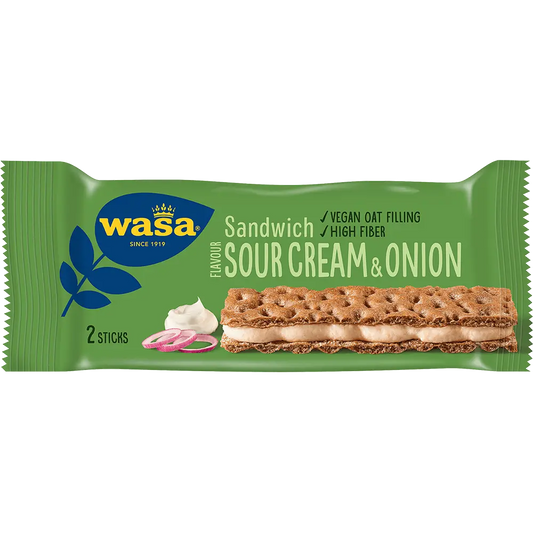 Wasa Sandwich Sourcream Onion – crispy Swedish crispbread filled with creamy sour cream and zesty onion flavors.