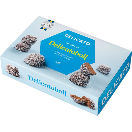Box of Delicatoboll with a blue label on a white background
