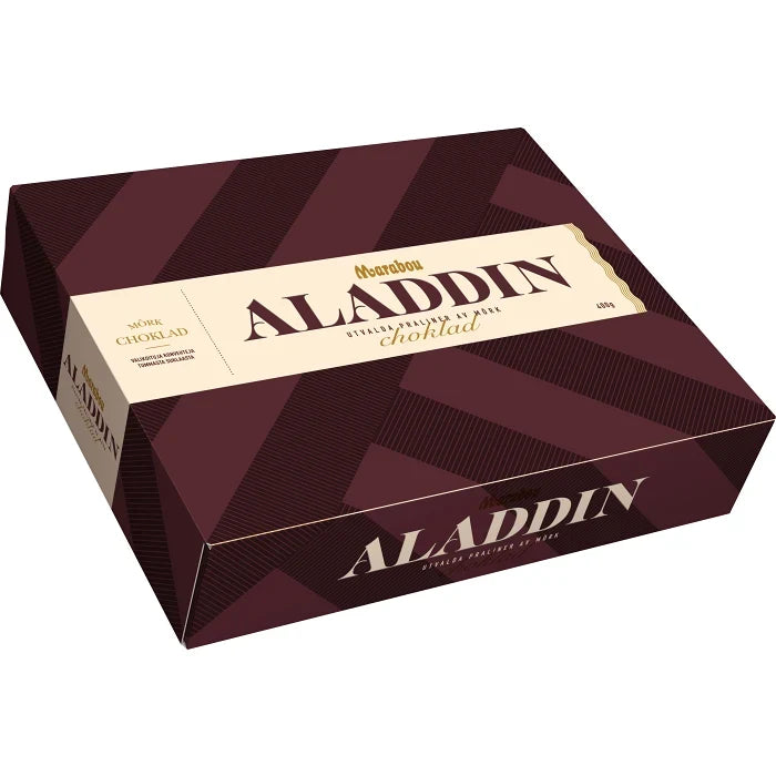 Aladdin chocolate packaging with maroon and beige design